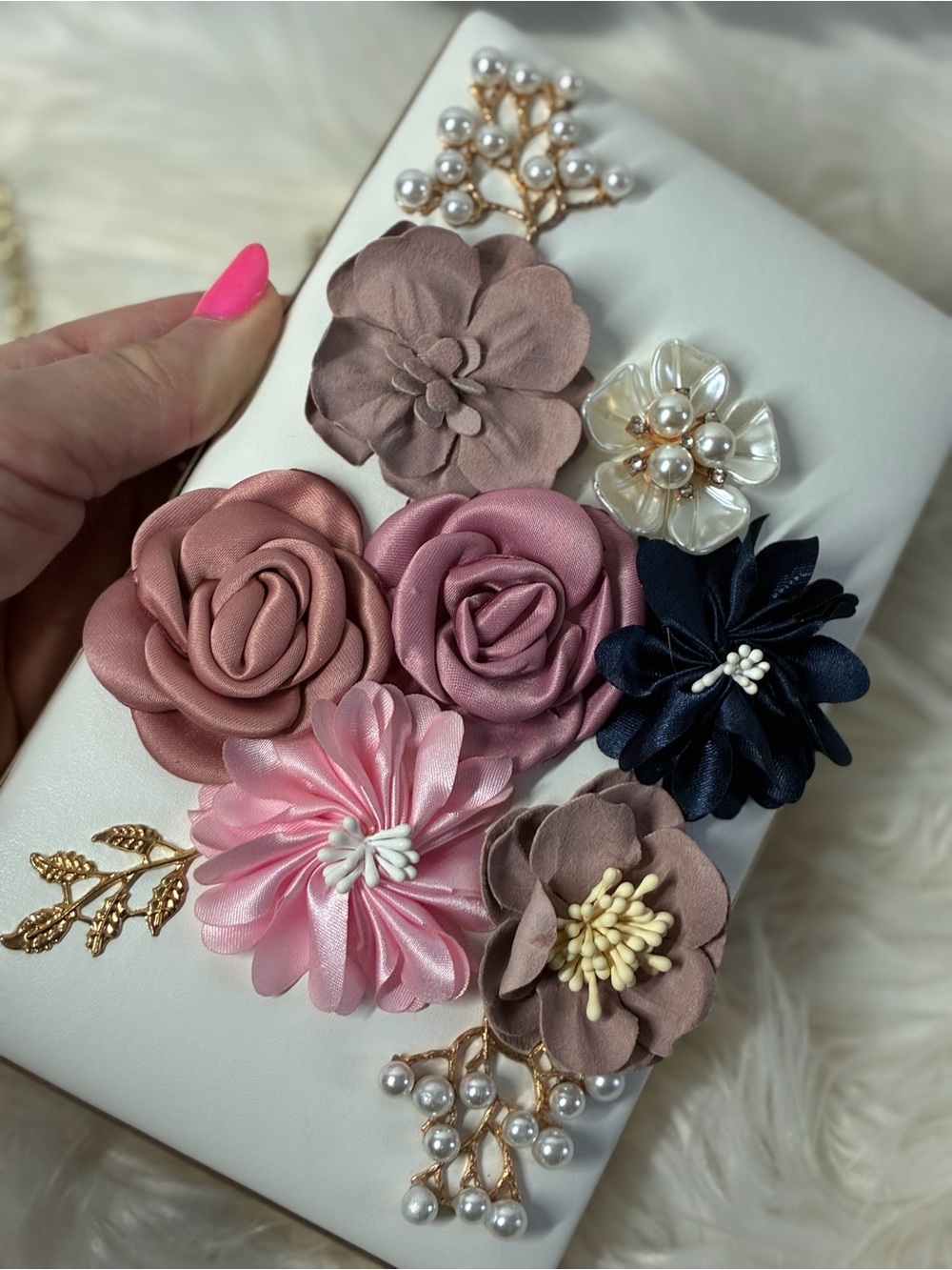 White Floral Applique Evening Clutch with Mixed Flower Accents - Picture 5 of 8